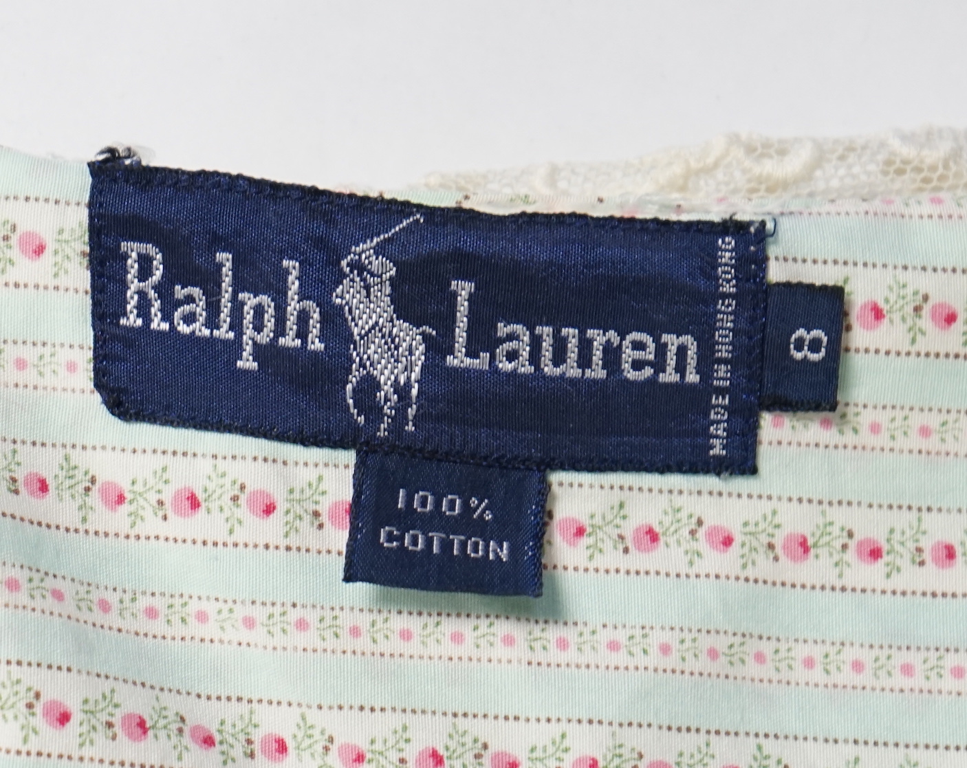 Two Ralph Lauren cotton blouses with lace detail, cream size 10, floral stripe size 8